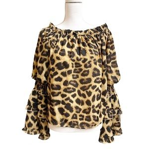 Essue Off Shoulder Leopard Print Ruffles Blouse S